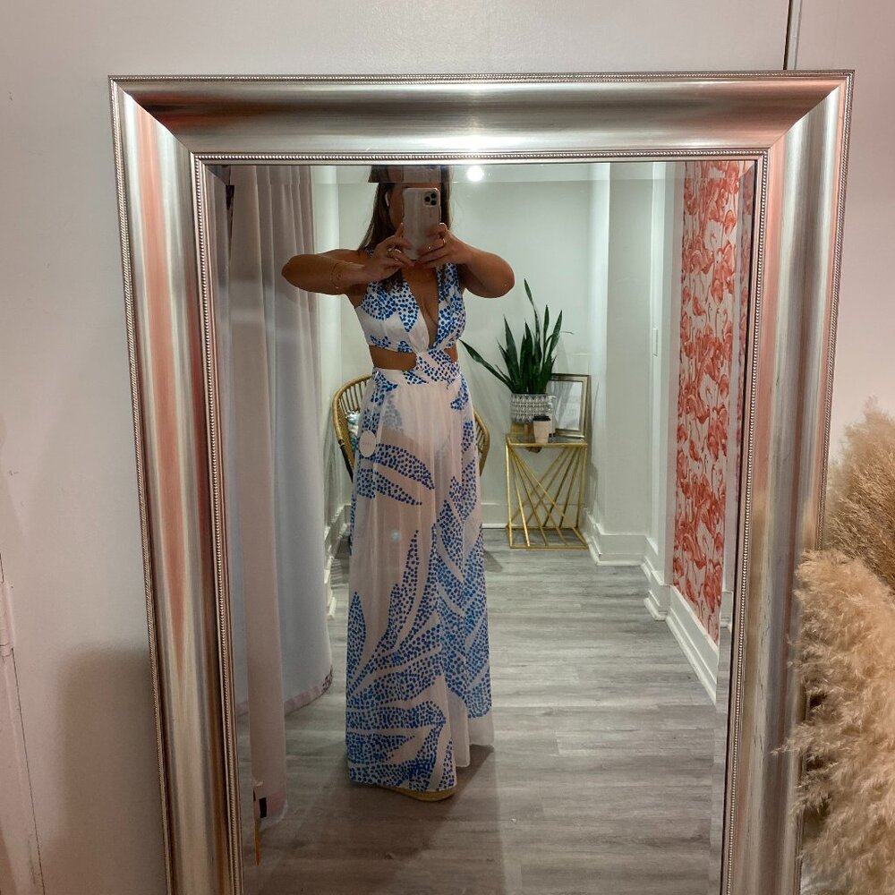 LUXXEL blue and white open back cutout dress